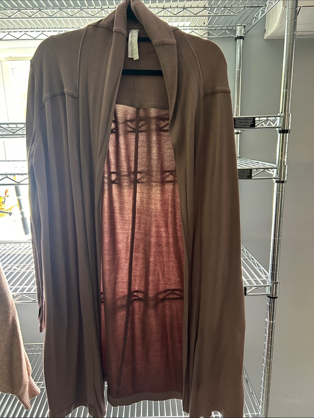Athleta Brown Hooded Open-Front Cardigan with Copper Interior
